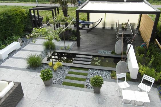 moderne tuin idee met tegels, vijver en overkapping