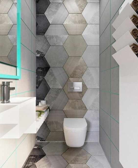 moderne design toilet inspiratie, voorbeelden en ideeën met toilet tegels, spiegels en wasbakken 4
