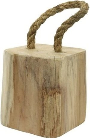 2x Deurstoppers houten blok met touw 15 cm - Huishouden deurstoppers/deurwiggen - Teakhout