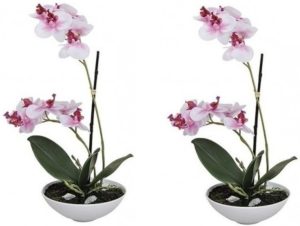 2x Kunstplanten in pot roze orchidee 25 cm - Wit/roze Phalaenopsis in bloempot 25 cm