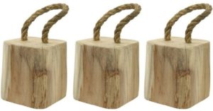3x Deurstoppers houten blok met touw 15 cm - Huishouden deurstoppers/deurwiggen - Teakhout