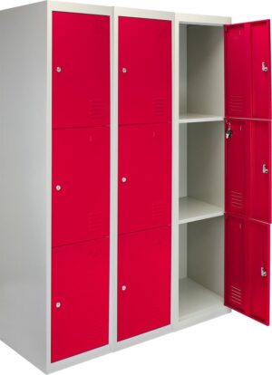 3x Lockers - Lockerkast metaal - locker kledingkast - Rood - 3 Deurs - lockerkastje