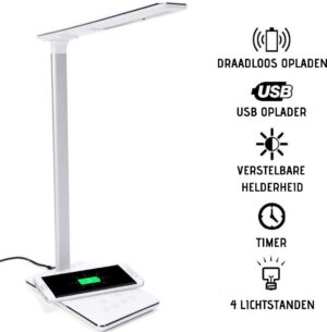 AWEMOZ® Bureaulamp - LED verlichting tafellamp & draadloze oplader telefoon - Wit