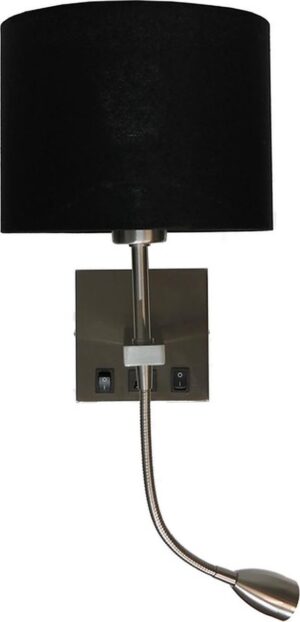Artdelight - Wandlamp Quad - Mat staal - Incl. Kap Zwart - USB - Flex - LED 3W 2700K - E27 LED 6W 2700K - IP20 > wandlamp binnen | leeslamp | bedlamp | led lamp | usb aansluiting lamp