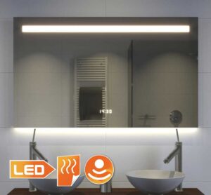 Badkamerspiegel met LED verlichting, verwarming, klok, sensor en dimfunctie 100x70 cm