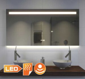 Badkamerspiegel met LED verlichting, verwarming, klok, sensor en dimfunctie 120x70 cm