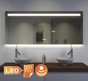 Badkamerspiegel met LED verlichting, verwarming, klok, sensor en dimfunctie 140x70 cm