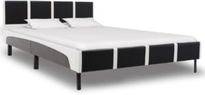 Bedframe Zwart Wit Kunstleer (Incl LW Led klok) 140x200 cm - Bed frame met lattenbodem - Eenpersoonsbed