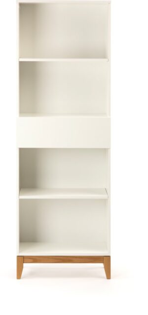 Blance boekenkast met 4 planken en 1 lade, in wit met massief eiken poten.