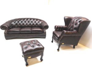 Chesterfield Bankstel 3 zits-wingchair-footstool PREMIER donkerrood antiek leder