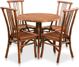 Complete Eettafel set 5 delig Bamboo (Incl Houten Dienblad) - Eet tafel + 4 Eetstoelen + bankje - DIneertafel - Eettafelstoelen - Eetkamerstoelen - Eethoek 4 persoons