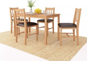 Complete Eettafel set 5 delig Bruin hout (Incl Houten Dienblad) - Eet tafel + 4 Eetstoelen - DIneertafel - Eettafelstoelen - Eetkamerstoelen - Eethoek 4 persoons