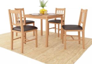 Complete Eettafel set 5 delig Massief eikenhout (Incl Houten Dienblad) - Eet tafel + 4 Eetstoelen + bankje - DIneertafel - Eettafelstoelen - Eetkamerstoelen - Eethoek 4 persoons