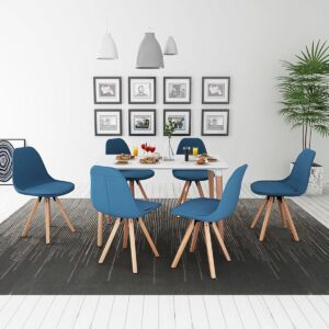 Complete Eettafel set 7 delig Blauw Wit (Incl Anti Kras Vilt 16st) - Eet tafel + 6 Eetstoelen - DIneertafel - Eettafelstoelen - Eetkamerstoelen