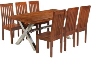 Complete Eettafel set 7 delig Massief Acacia hout (Incl Houten Dienblad) - Eet tafel + 6 Eetstoelen - DIneertafel - Eettafelstoelen - Eetkamerstoelen - Eethoek 6 persoons
