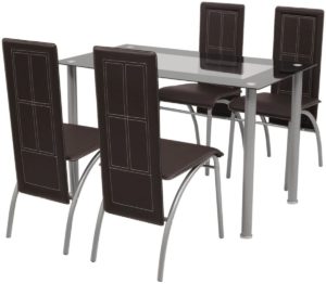 Complete Eettafel set Bruin 5 delig met glazen tafel (Incl Dienblad) - Eet tafel + 4 Eetstoelen - DIneertafel - Eettafelstoelen - Eetkamerstoelen - Eethoek 4 persoons