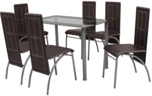 Complete Eettafel set Bruin 7 delig met glazen tafel (Incl Dienblad) - Eet tafel + 6 Eetstoelen - DIneertafel - Eettafelstoelen - Eetkamerstoelen - Eethoek 6 persoons