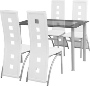 Complete Eettafel set Wit 5 delig met glazen tafel (Incl Dienblad) - Eet tafel + 4 Eetstoelen - DIneertafel - Eettafelstoelen - Eetkamerstoelen - Eethoek 4 persoons