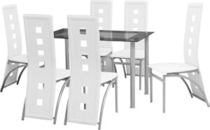 Complete Eettafel set Wit 7 delig met glazen tafel (Incl Dienblad) - Eet tafel + 6 Eetstoelen - DIneertafel - Eettafelstoelen - Eetkamerstoelen - Eethoek 6 persoons