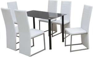 Complete Eettafel set Wit Zwart 7 delig met glazen tafel (Incl Dienblad) - Eet tafel + 6 Eetstoelen - DIneertafel - Eettafelstoelen - Eetkamerstoelen - Eethoek 6 persoons