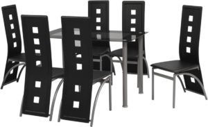 Complete Eettafel set Zwart 7 delig met glazen tafel (Incl Dienblad) - Eet tafel + 6 Eetstoelen - DIneertafel - Eettafelstoelen - Eetkamerstoelen - Eethoek 6 persoons