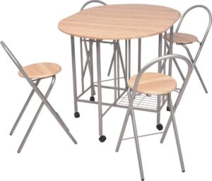Complete Opvouwbare Eettafel set 5 delig (Incl Houten Dienblad) - Eet tafel + 4 Eetstoelen - DIneertafel - Eettafelstoelen - Eetkamerstoelen - Eethoek 4 persoons