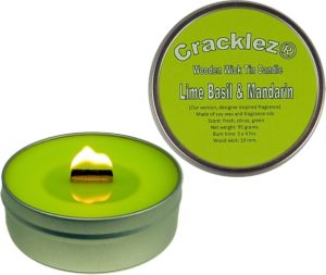 Cracklez® Knetterende Houten Lont Geurkaars in blik Lime Basil & Mandarin. Designer Parfum Geinspireerd.