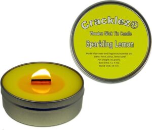 Cracklez® Knetterende Houten Lont Geurkaars in blik Sparkling Lemon. Citroen Geur. Geel.