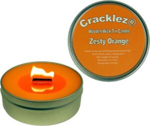 Cracklez® Knetterende Houten Lont Geurkaars in blik Zesty Orange. Sinaasappel Geur. Oranje.