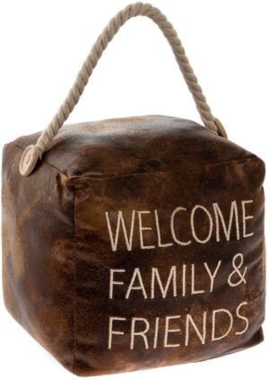 Decoratieve deurstopper in donkerbruin leder welcome family and friends