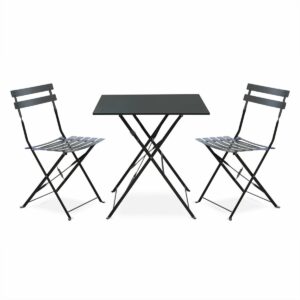 Emilia - Bistroset - 2 inklapbare stoelen en een vierkante tafel 70x70 van gepoedercoat staal + Alicia plantenrek - Antraciet