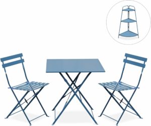 Emilia - Bistroset - 2 inklapbare stoelen en een vierkante tafel 70x70 van gepoedercoat staal + Alicia plantenrek - Blauwgrijs