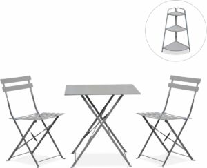 Emilia - Bistroset - 2 inklapbare stoelen en een vierkante tafel 70x70 van gepoedercoat staal + Alicia plantenrek - Taupe