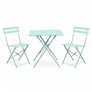 Emilia - Bistroset - 2 inklapbare stoelen en een vierkante tafel 70x70 van gepoedercoat staal + Alicia plantenrek - Watergroen