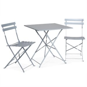 Emilia - Bistroset - 2 inklapbare stoelen en een vierkante tafel 70x70 van gepoedercoat staal - Grijs Taupe