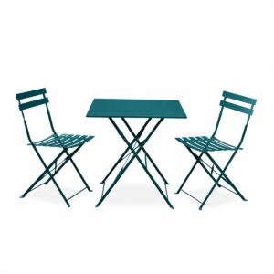 Emilia - Bistroset - 2 inklapbare stoelen, vierkante tafel 70x70 van gepoedercoat staal + Alicia plantenrek - Donker Turquoise