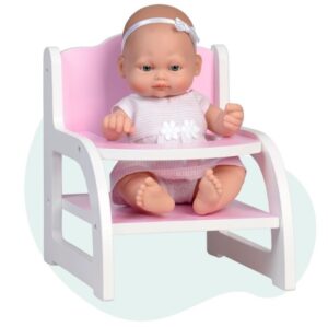 Falca babypop Mini Baby met houten kinderstoel 28 cm roze