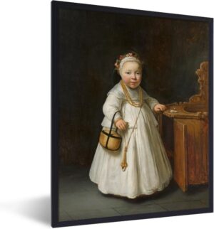 Foto in lijst - Meisje bij een kinderstoel - Schilderij van Govert Flinck fotolijst zwart 30x40 cm - Poster in lijst (Wanddecoratie woonkamer / slaapkamer)