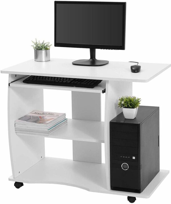 Handig Computer PC Desktop Bureau met Compartimenten - Compact Werkstation Meubel op Wieltjes - 75 cm Hoog en 90 cm Breed - Wit