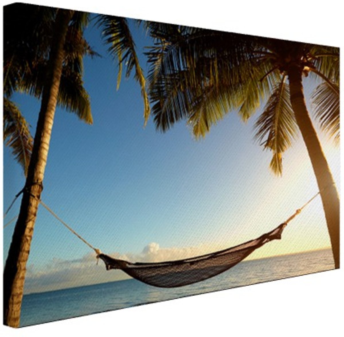 Hangmat tussen palmbomen tropisch strand Canvas 30x20 cm - klein - Foto print op Canvas schilderij (Wanddecoratie woonkamer / slaapkamer) Zee en Strand - Woonaanraders