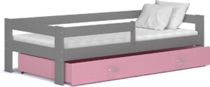 Houten kinderbed - grijs frame - roze lade - 160x80cm - met matras