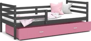 Houten kinderbed - grijs frame - roze lade - 200x90cm - met matras