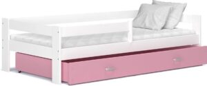 Houten kinderbed - wit frame - roze lade - 160x80cm - zonder matras