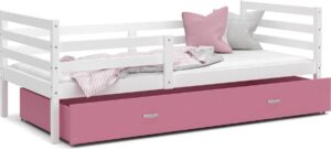 Houten kinderbed - wit frame - roze lade - 200x90cm - zonder matras