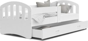 Kinderbed | Houten bed | 160x80cm| met lattenbodem | met uitschuiflade | wit | met matras