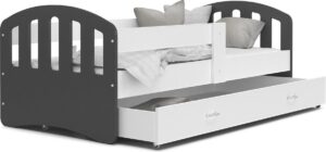 Kinderbed | Houten bed | 180x80cm| met lattenbodem | met uitschuiflade | grijs wit