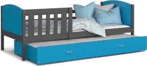 Kinderbed + logeerbed 190x80 cm - grijs/blauw - met 2 matrassen