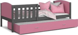 Kinderbed + logeerbed 190x80 cm - grijs/roze - met 2 matrassen