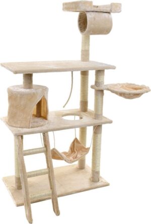 Krabpaal & speelhuis - katten - beige - 140 cm hoog - met hangmat
