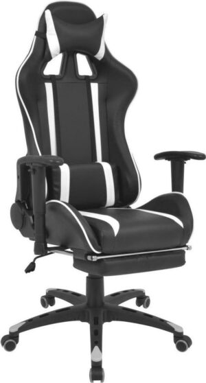 Luxe Gamestoel Zwart wit (Incl onderlegger) met Voetenbankje - Gaming Stoel - Gaming Chair - Bureaustoel racing - Racestoel - Bureau stoel gamen